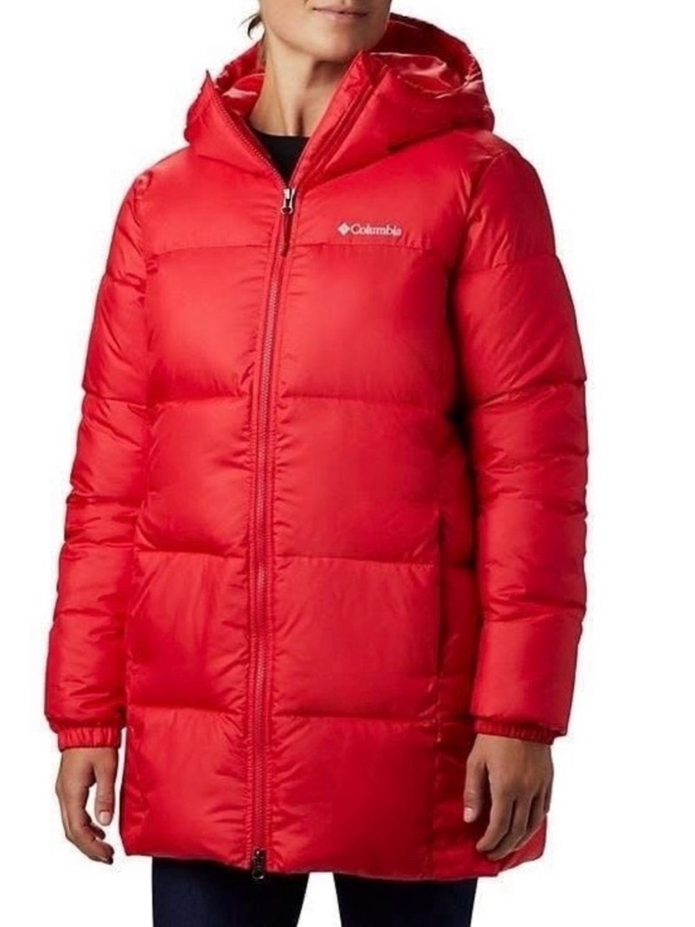 Columbia Long Red Puffer Jacket with Hood - Size Small